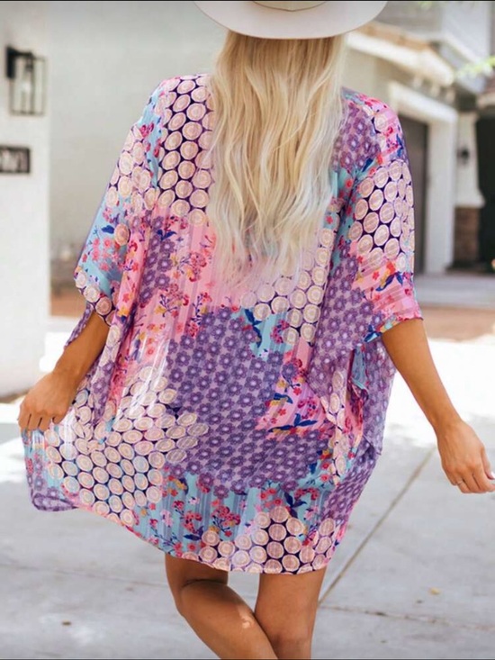 Colorful floral print boho kimono cardigan swim cover up bright pink purple - Picture 2 of 3